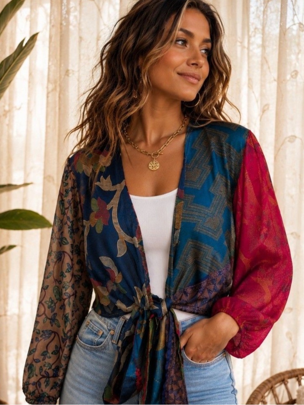 NWT Jaded Gypsy Pink Floral-Print top With  Wrap around tie